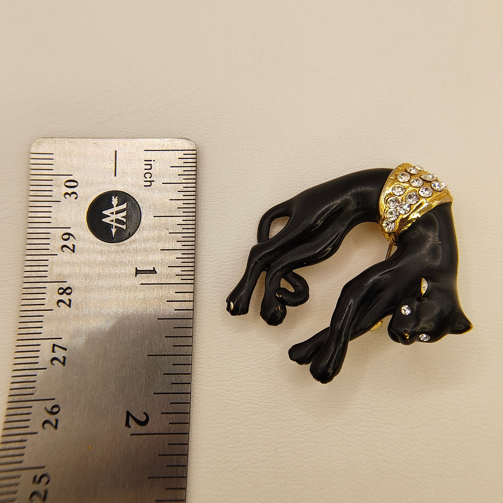 Vintage Black Panther Brooch Pin Enamel Gold Tone White Rhinestone Puma Jaguar