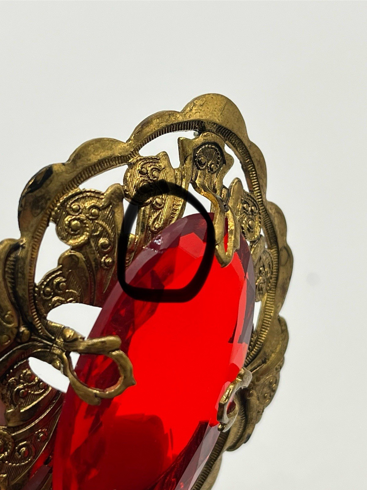 Vintage Large Red Glass Ornamental Brass Setting Brooch Missing Pin READ