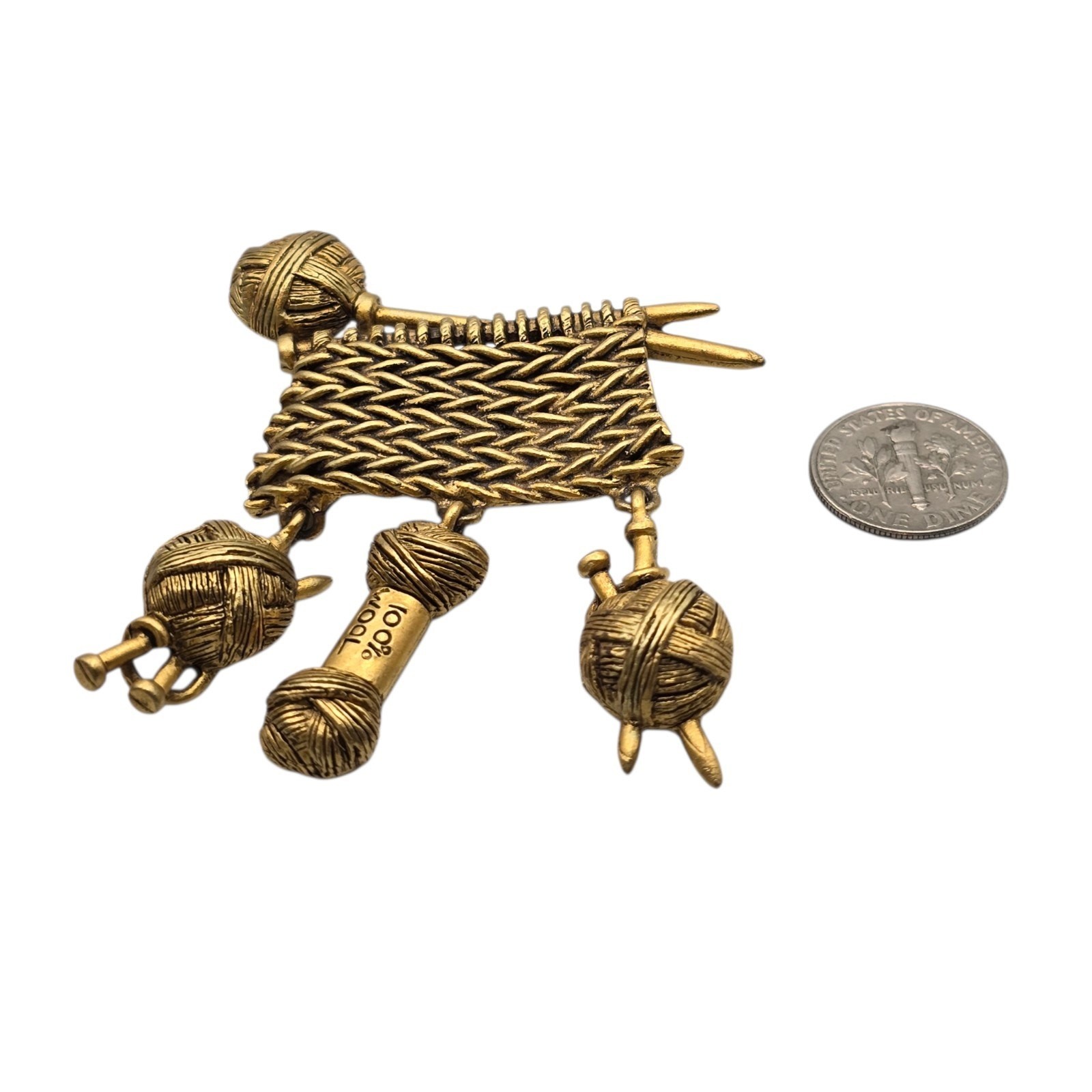 Vintage Danecraft Brooch Crochet Knitting Yarn Pin Gold Tone Pewter Collectors