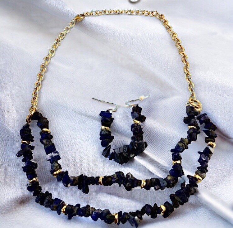 Lapis Necklace & Earring SET Lazuli Blue Natural Gravel Chip Gemstones