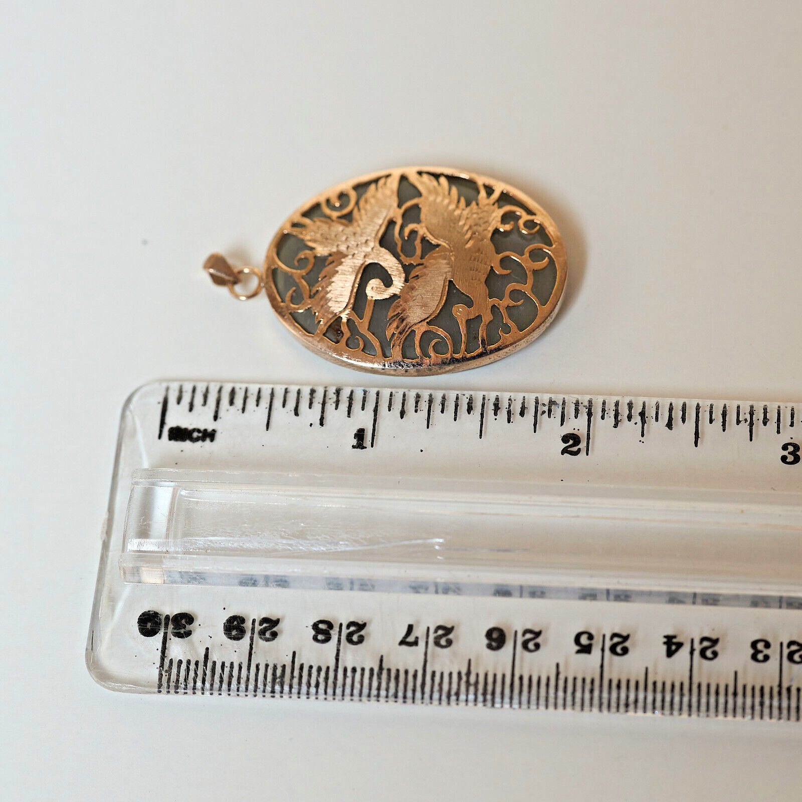 VTG 1970s/80s Asian 2 Cranes GP Open Metalwork on Oval Jadeite Pendant 1.75″Tall