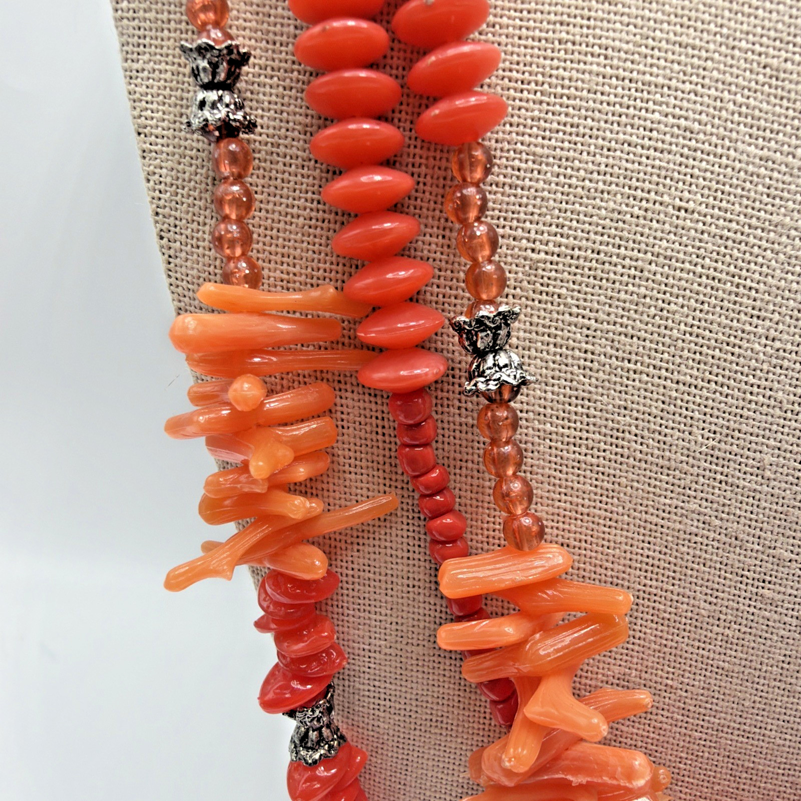 Vintage Faux Coral Necklace Orange Acrylic & Lucite Multi Strand Size 28.5”