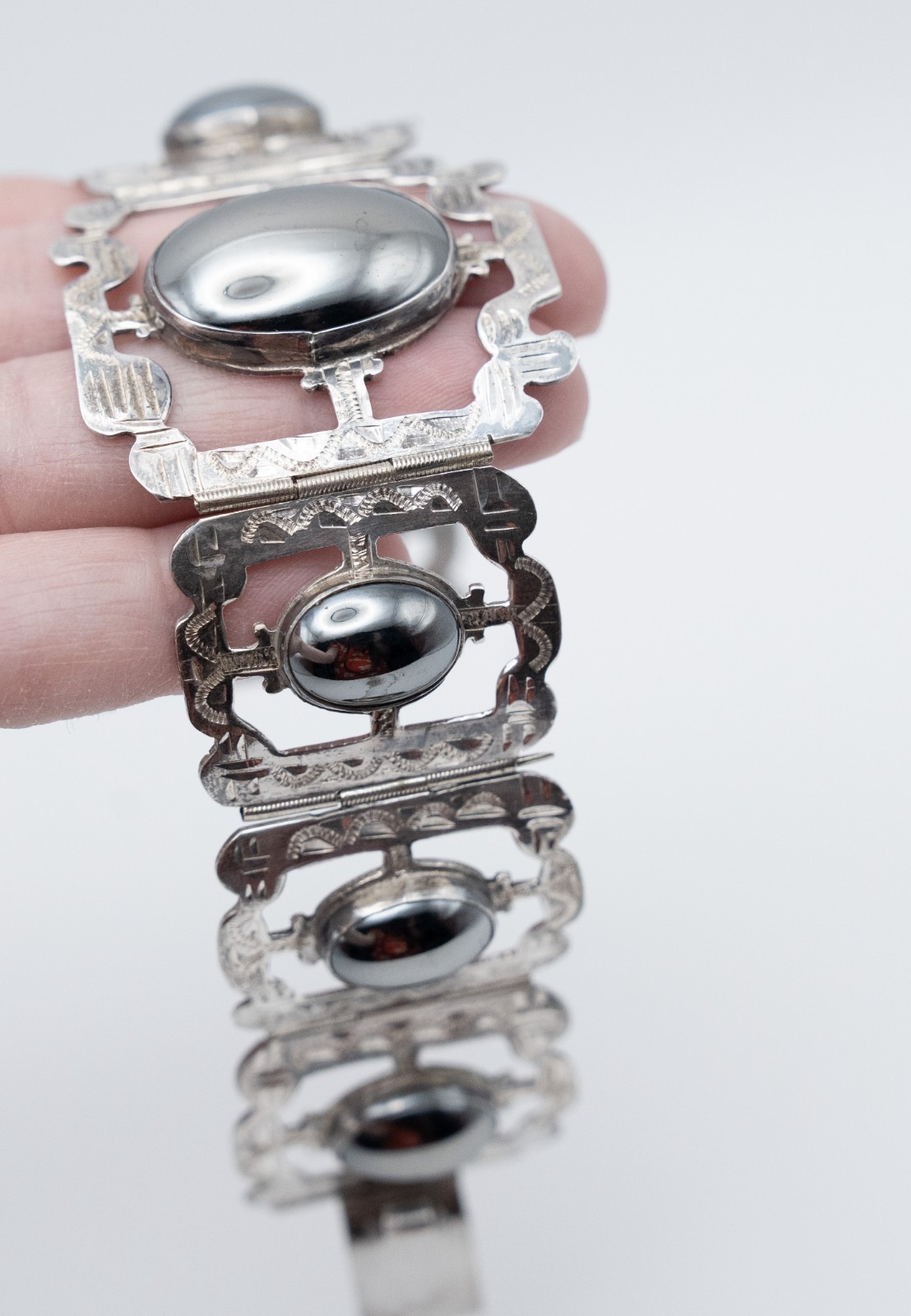 Vintage Mexican Sterling Silver Hematite Panel Link Statement Bracelet 925 53 gr