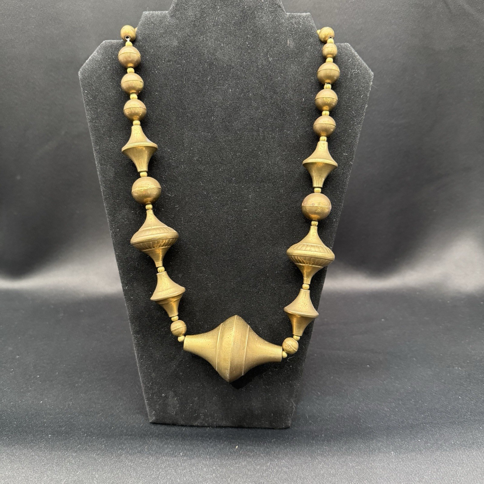 Large Brass Beaded Necklace Retro Screw Clasp Bohemian MCM Costume Jewlery