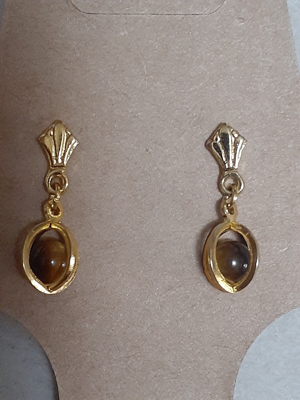 Dainty Tiger’s eye gemstone caged gold tone dangle drop earrings