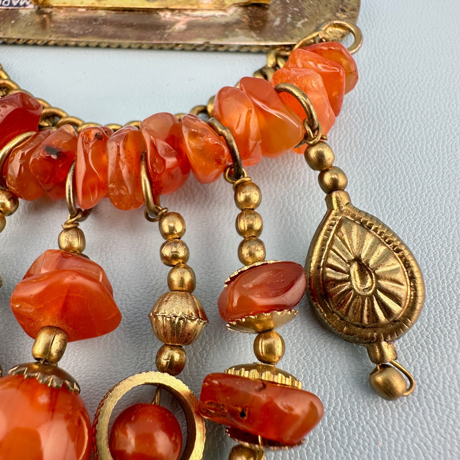 Vintage Bar Brooch Gold Tone Dangle Chains Carnelian Stone Beads Boho India