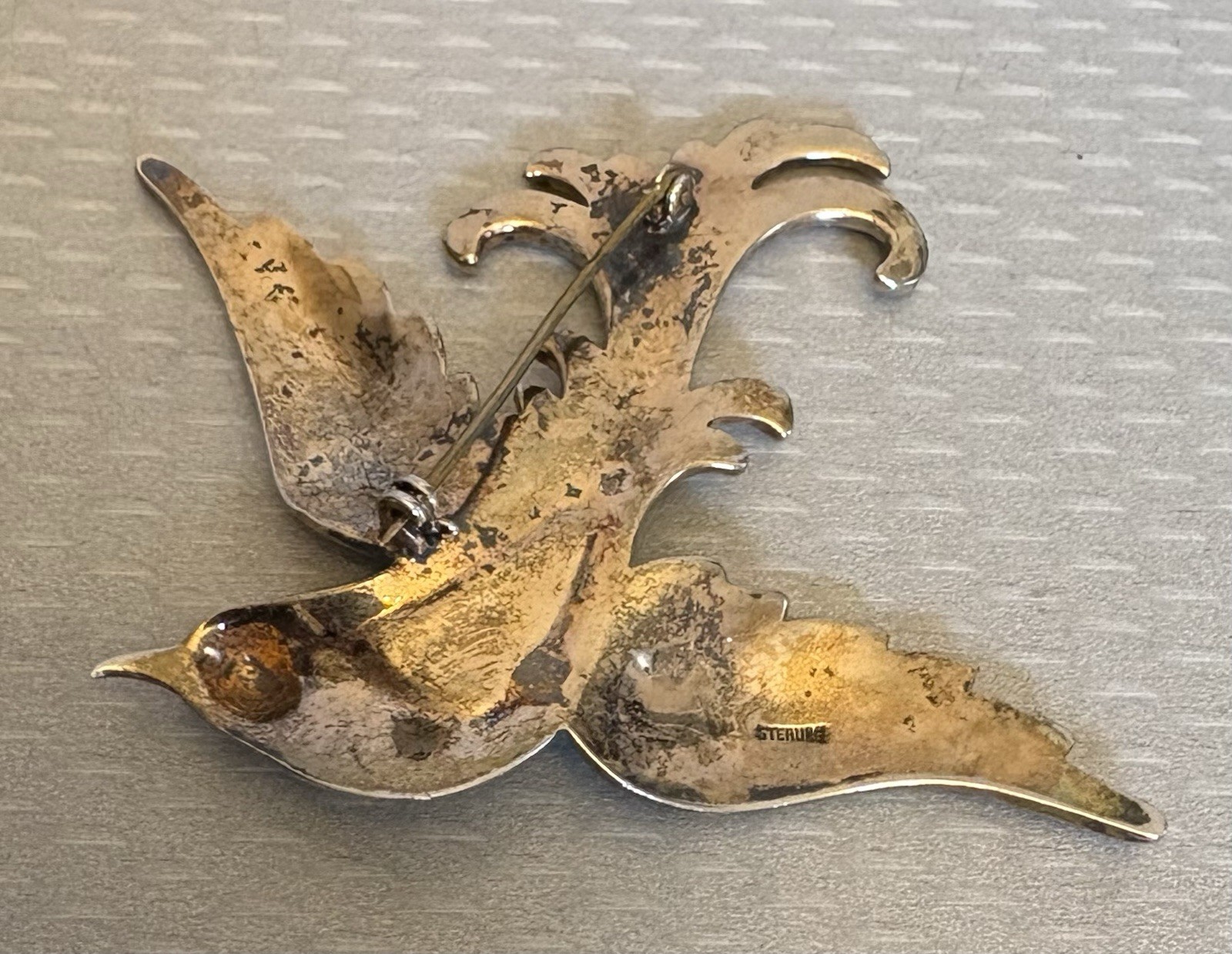 1940s Retro Vintage Sterling Gold Vermeil Rhinestone Bird Brooch 30g READ