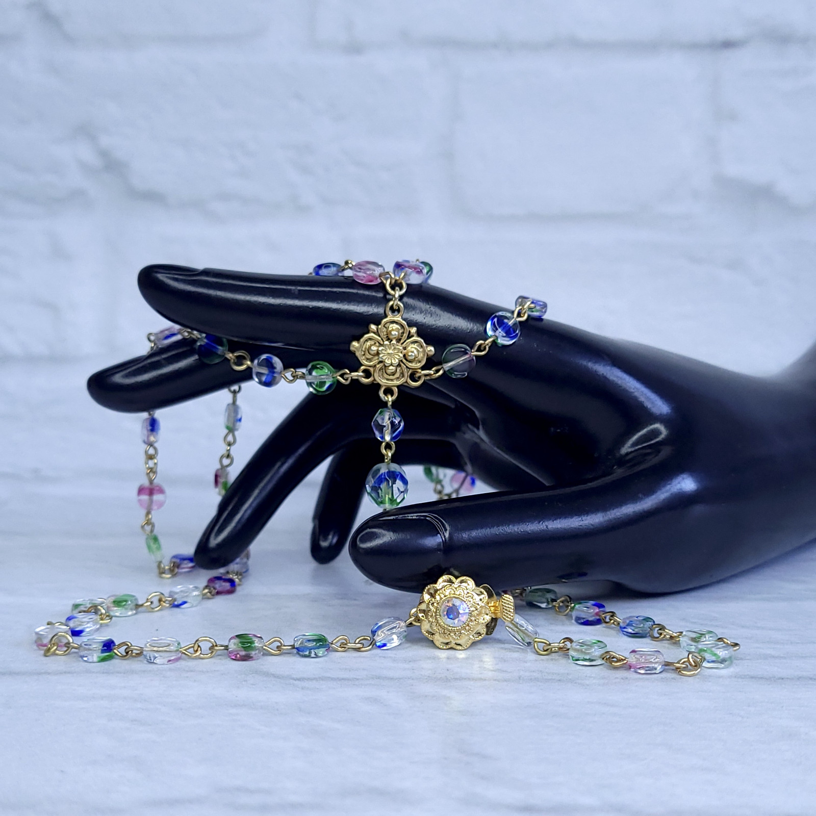 Iris Glass Necklace 18” Multicolor Czech Vintage Beads Women`s Jewelry