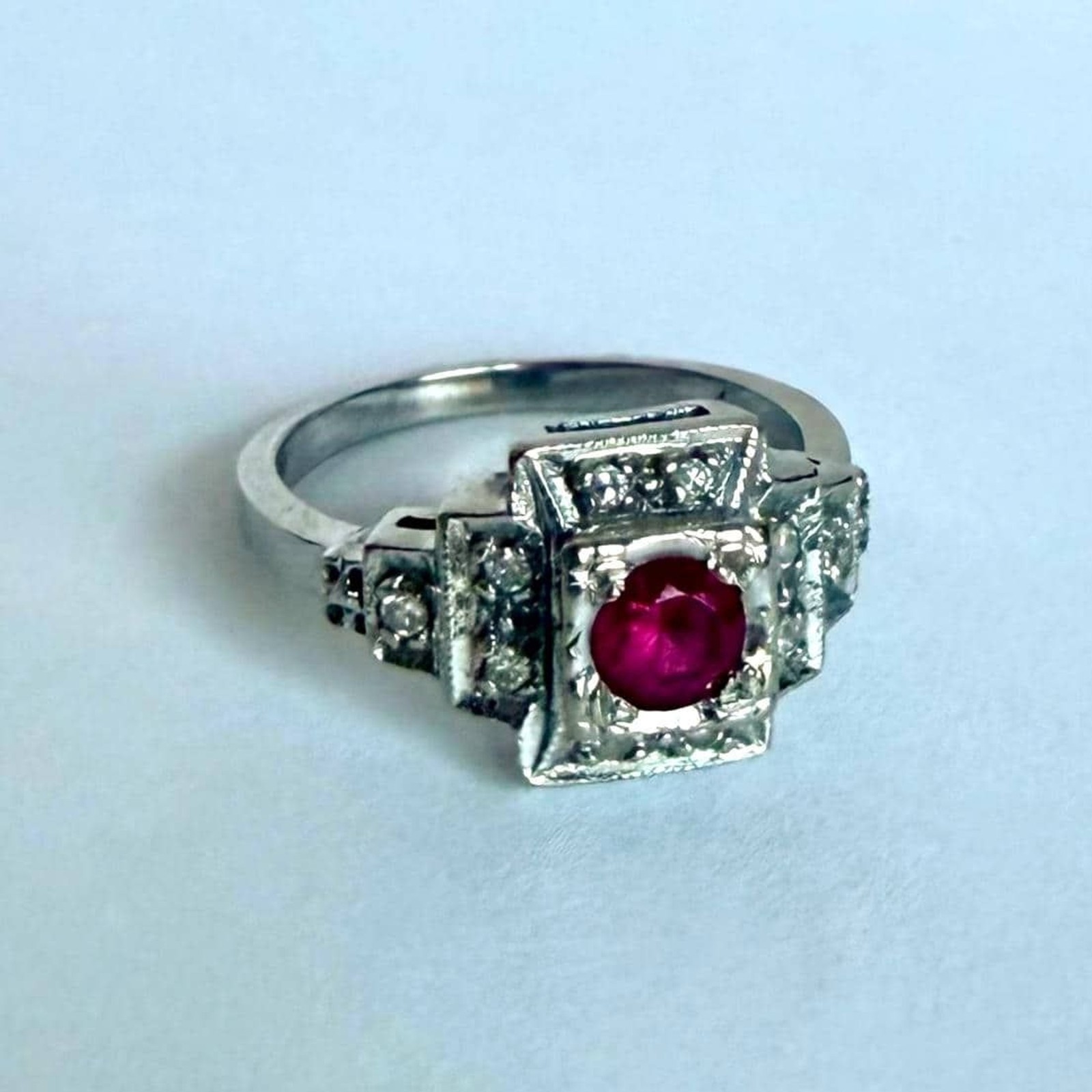 Vintage 14K White Gold Ruby Red Stone Ring Art Deco Estate Diamond Ring 5.75