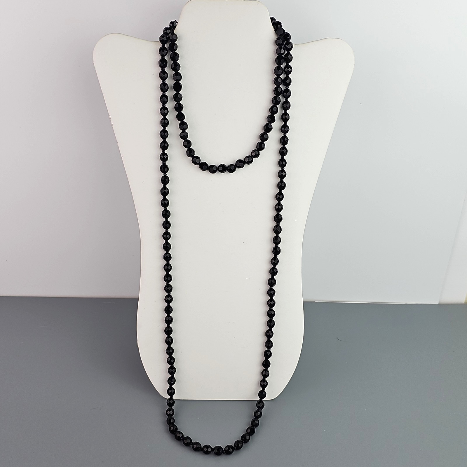 Vintage 2 Black Faceted Glass Beaded Necklace 25 in n 12 in extender