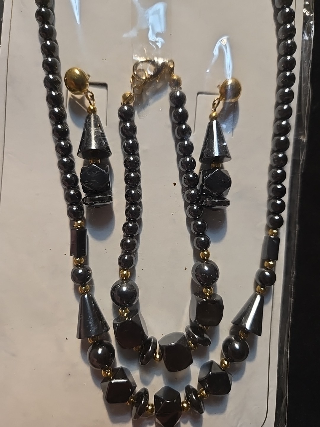 Vtg Hematite Necklace Bracelet Earrings Set Healing Peace Lot Fashion Jewelry