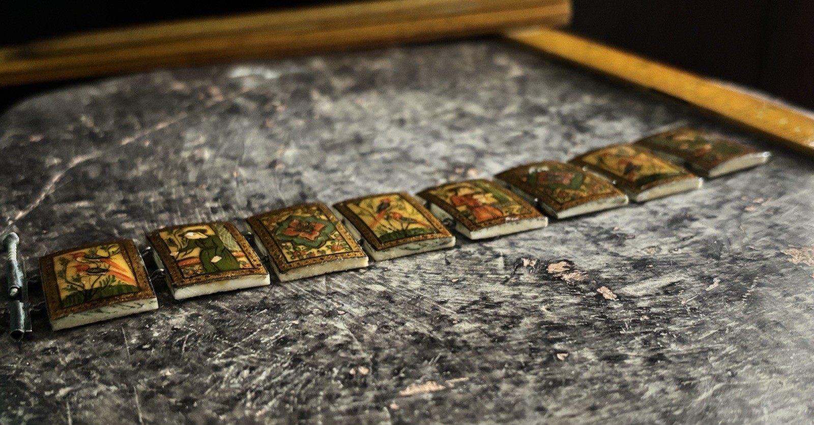 Antique Persian Hand Painted 8-Panel Story Bracelet on Bone Pin & Barrel Lock