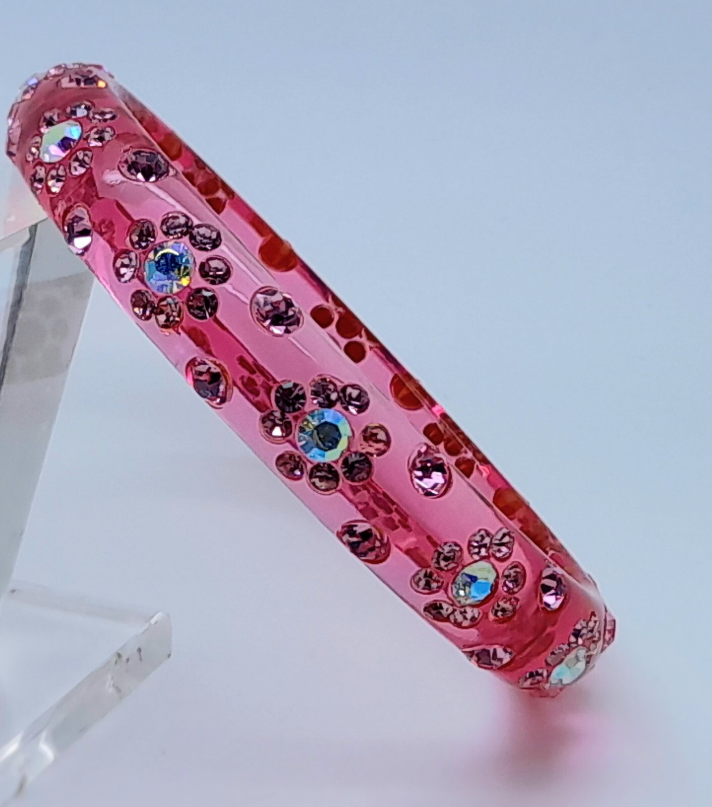 pink color round transporent Plastic flower rhineston fashion bangle bracelet