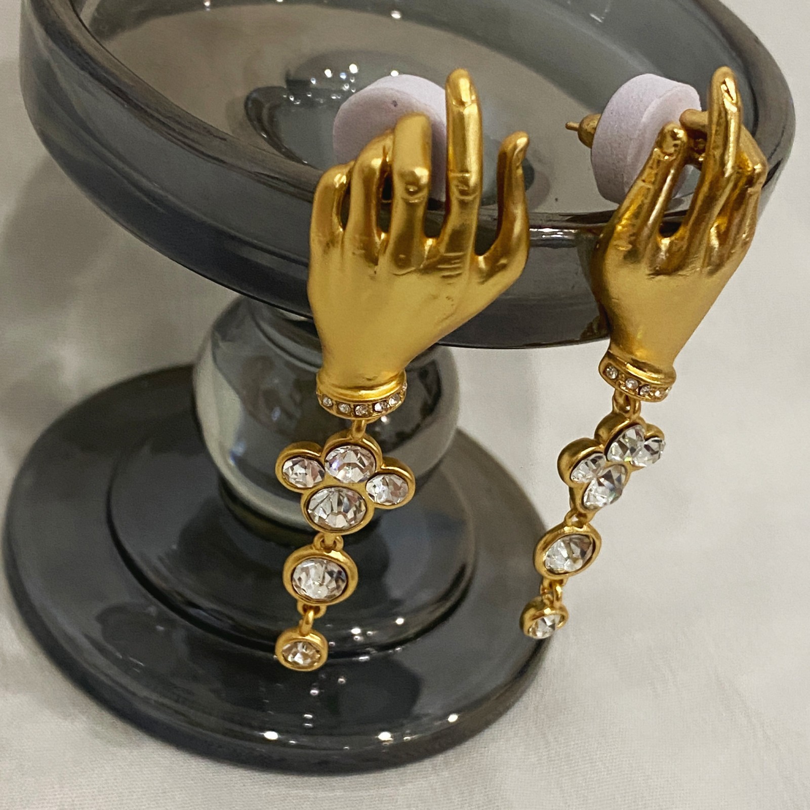 Schiaparelli Gold Hand Crystal Drop Stud Earrings