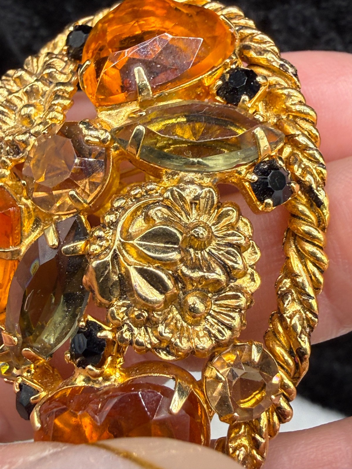 Vintage Rhinestone Brooch Orange Domed Fall Autumn