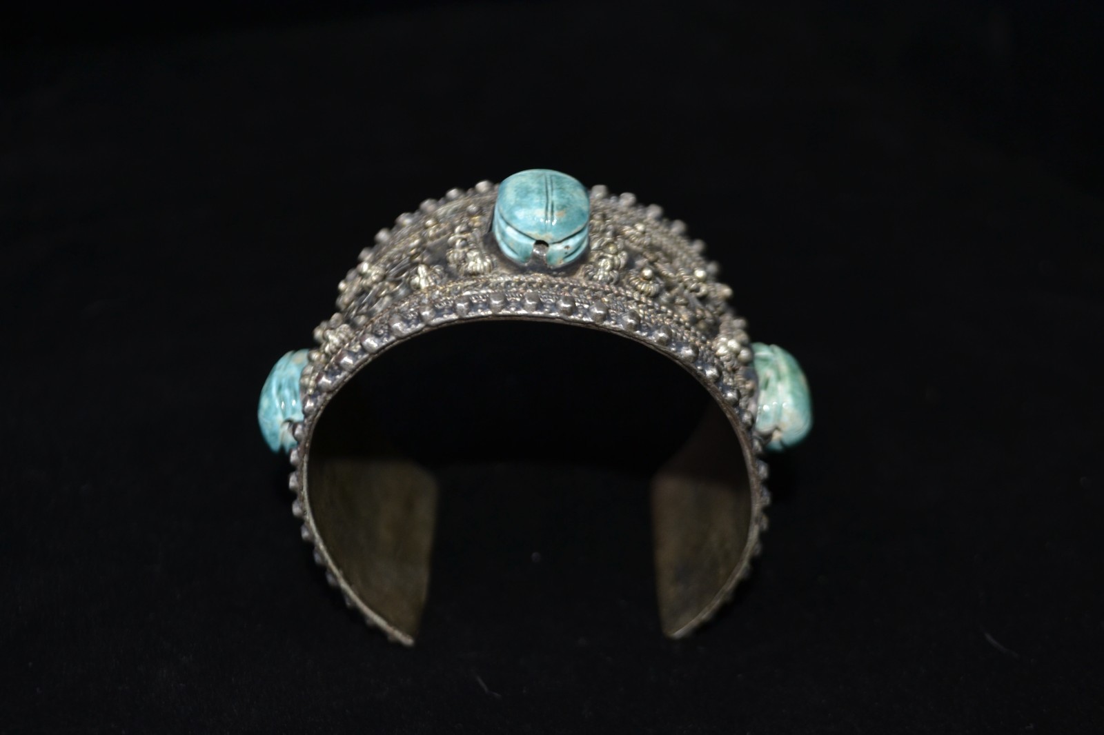 Vintage Revival Scarab Cuff Bracelet Sterling Silver With 3 Turquoise Stones