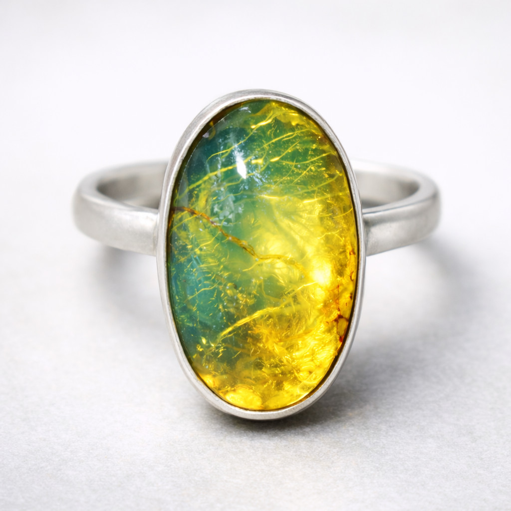 Finest Natural Clear Ocean Green Amber .925 Sterling Silver Ring #6 free resize