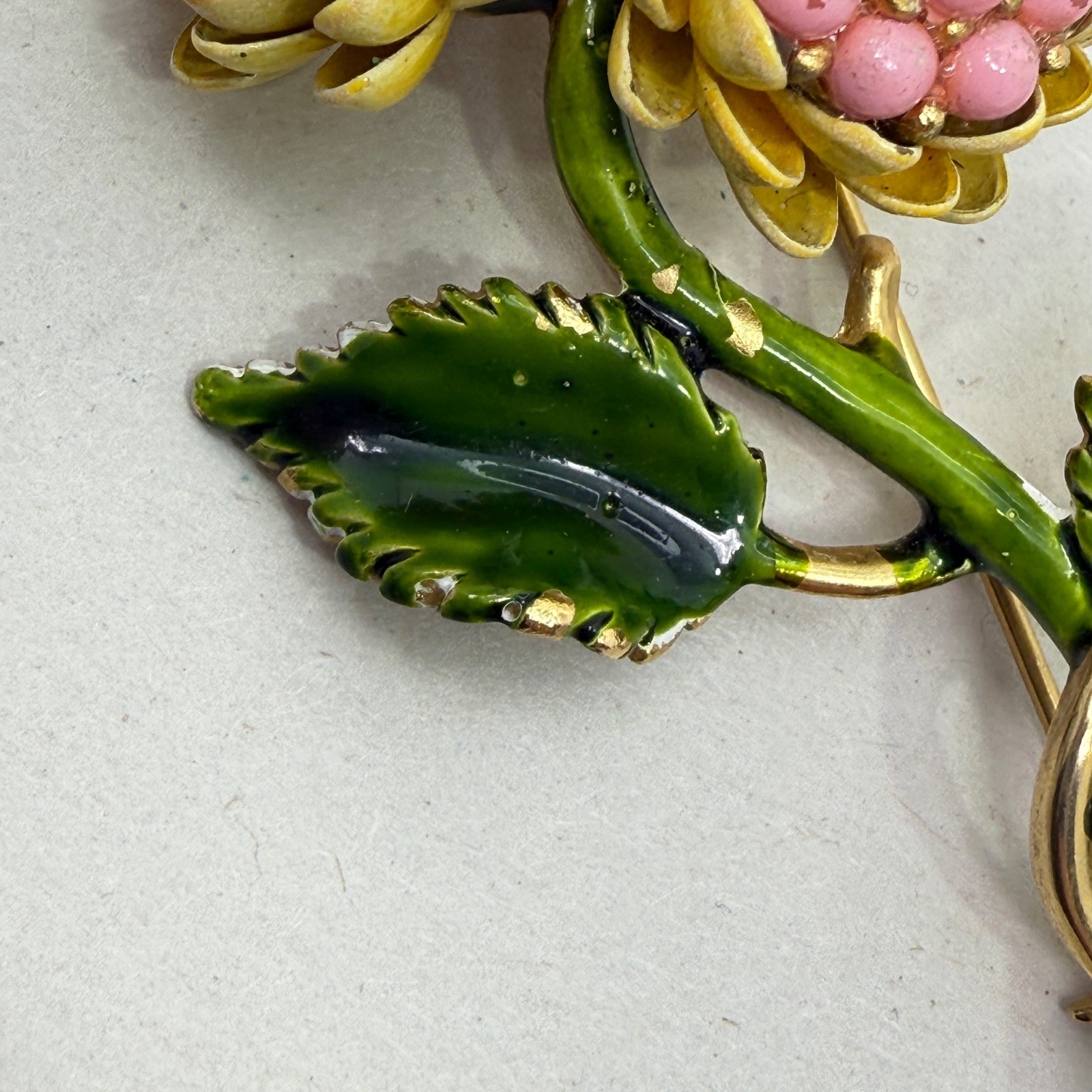Vintage Enamel Flower Brooch Yellow Pink Green Floral Mid Century Botanical 3″