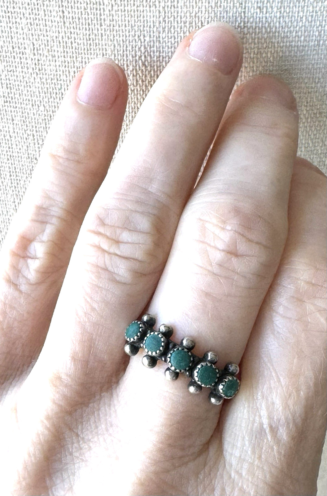 Vintage Sterling Silver Green Stone Ring Size 7.5 Southwestern Style Band