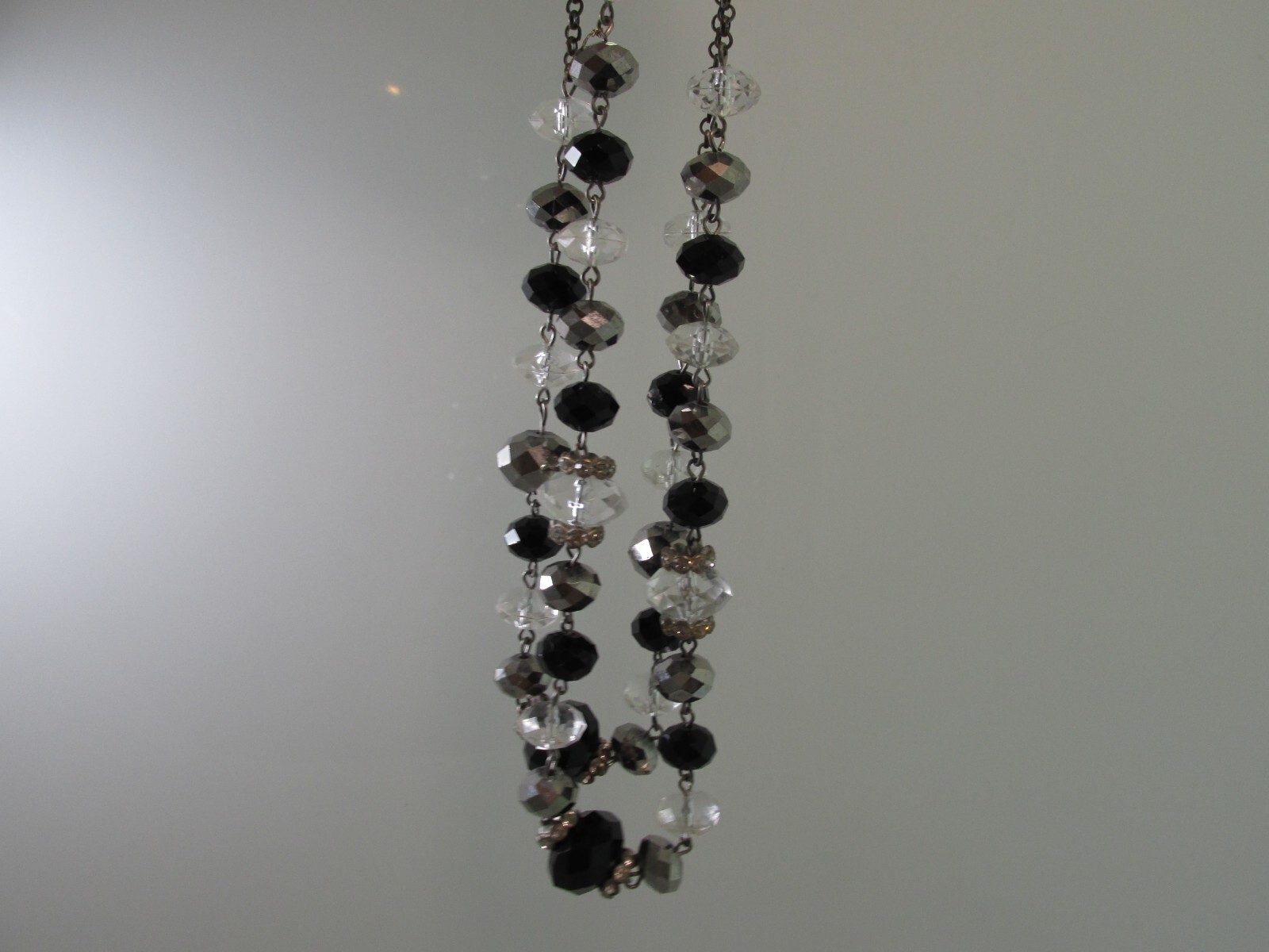 Crown Trifari Faceted Beads Necklace Blk Crystal Clear Rhinestone Double Strand