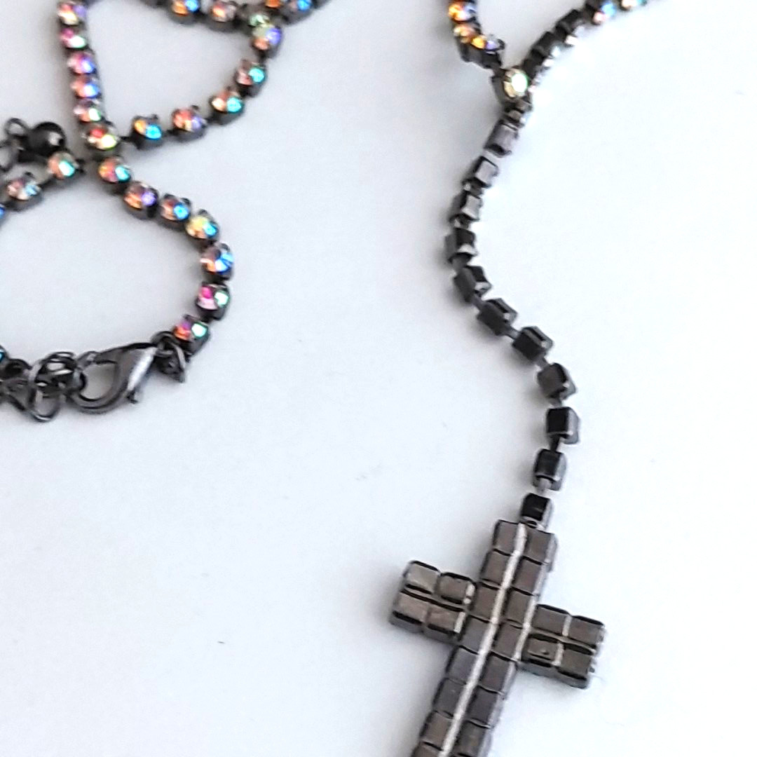 Vintage Y Drop CROSS Rhinestone Necklace AB Cup Chain Choker Gunmetal 14” to 17”