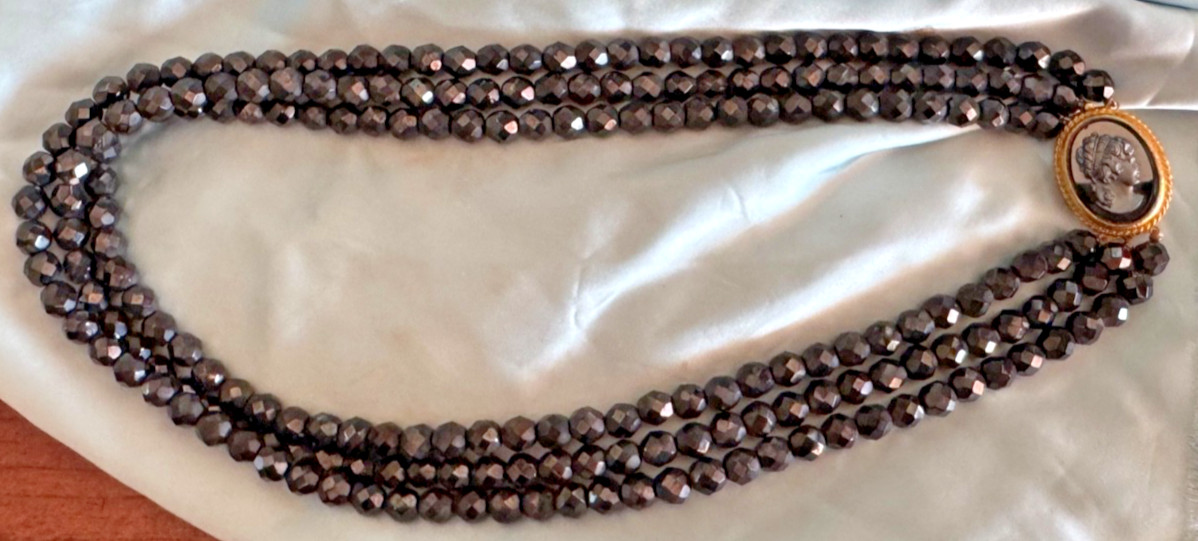Vintage Necklace THREE STRAND FACETED CRYSTAL BEADS AND HEMATITE OVAL CAMEO 22″