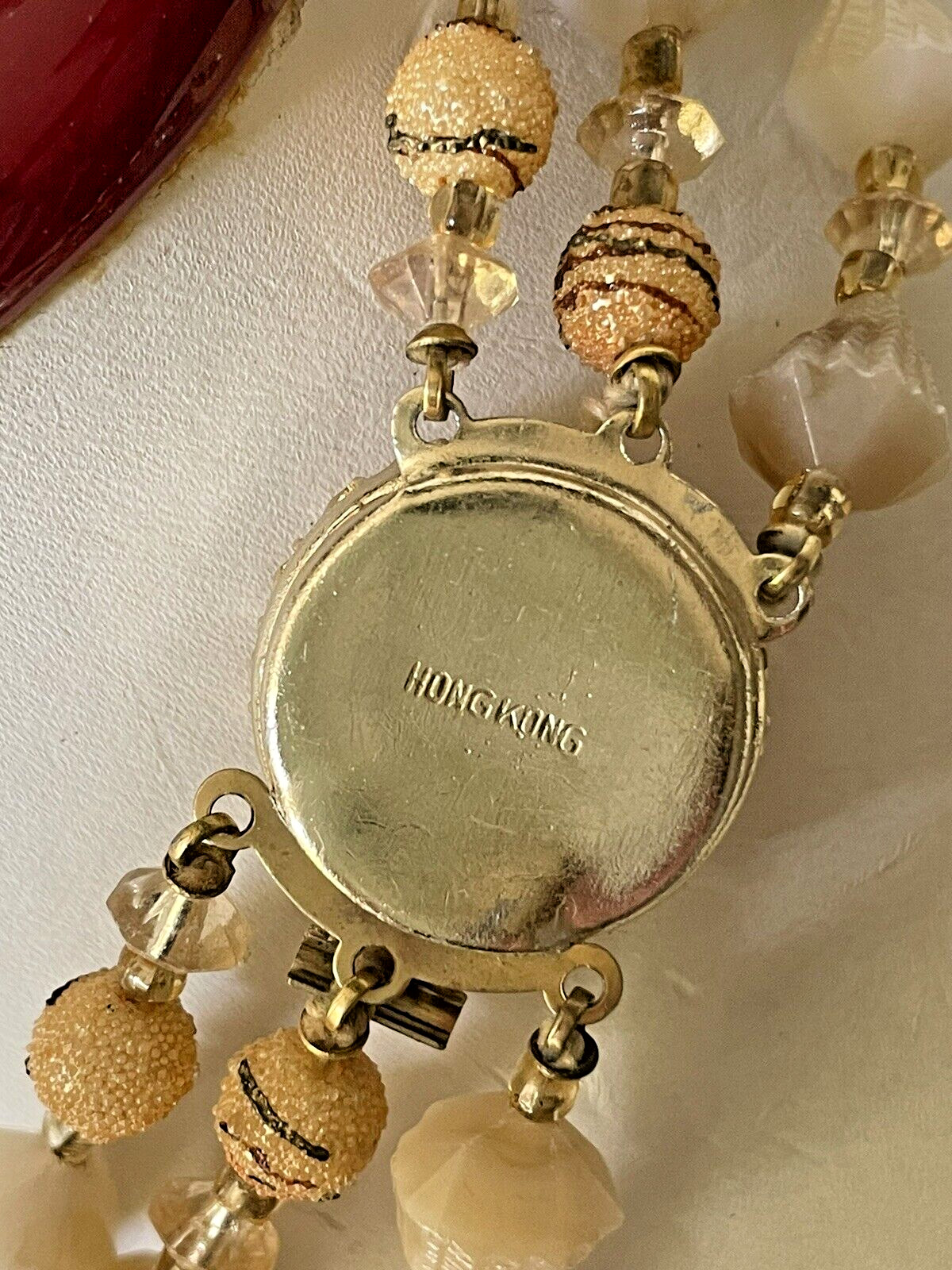Vintage Beaded Necklace Hong Kong Gold Tone Sugared 3 Strand 20″ signed Sugar