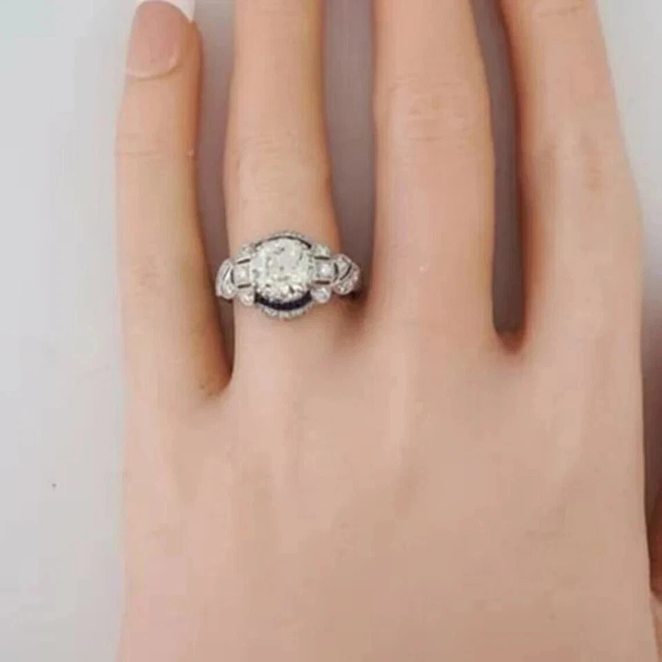 4.2Ct Art Deco Style Lab-Created Diamond Sapphire Wedding 14k White Gold FN Ring