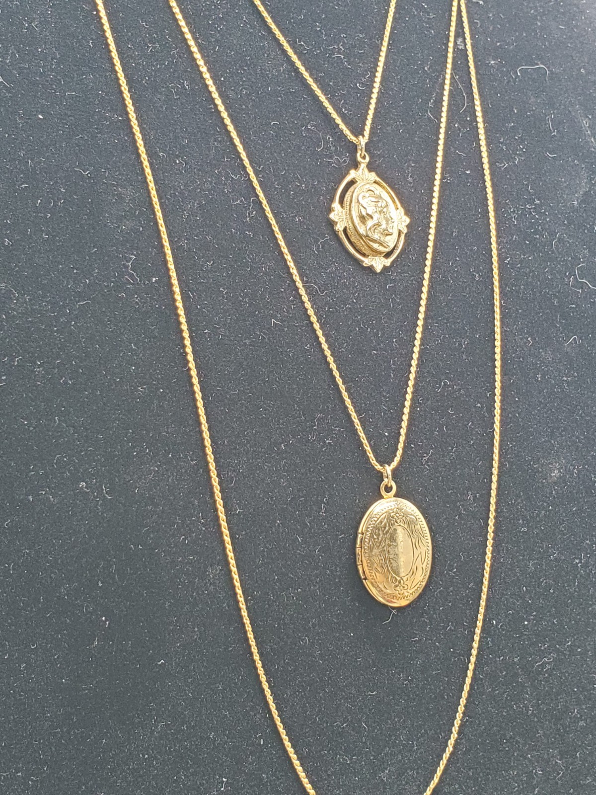 Vintage Goldette Gold Tone Triple (3) Strand Necklace W/ Locket & Medusa? Face