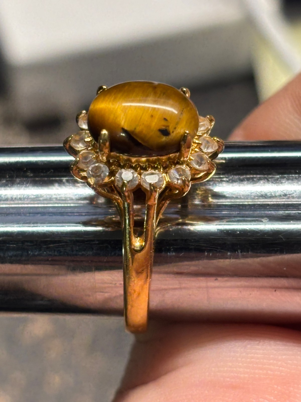 Size 7 TIGERS EYE oval Clear Rhinestone COCKTAIL RING DO 18Kt GE gold plate
