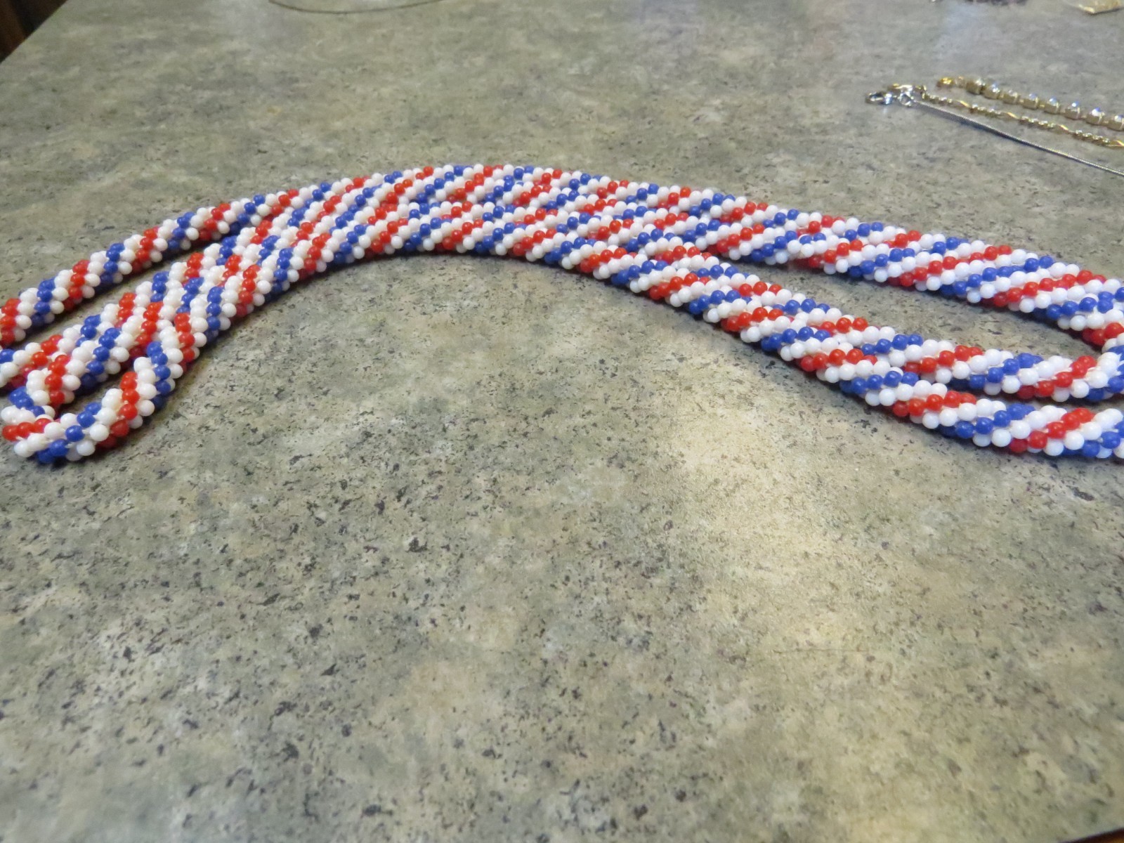 Vintage Patriotic Red White & Blue Glass Bead Necklace Extra Long 46″