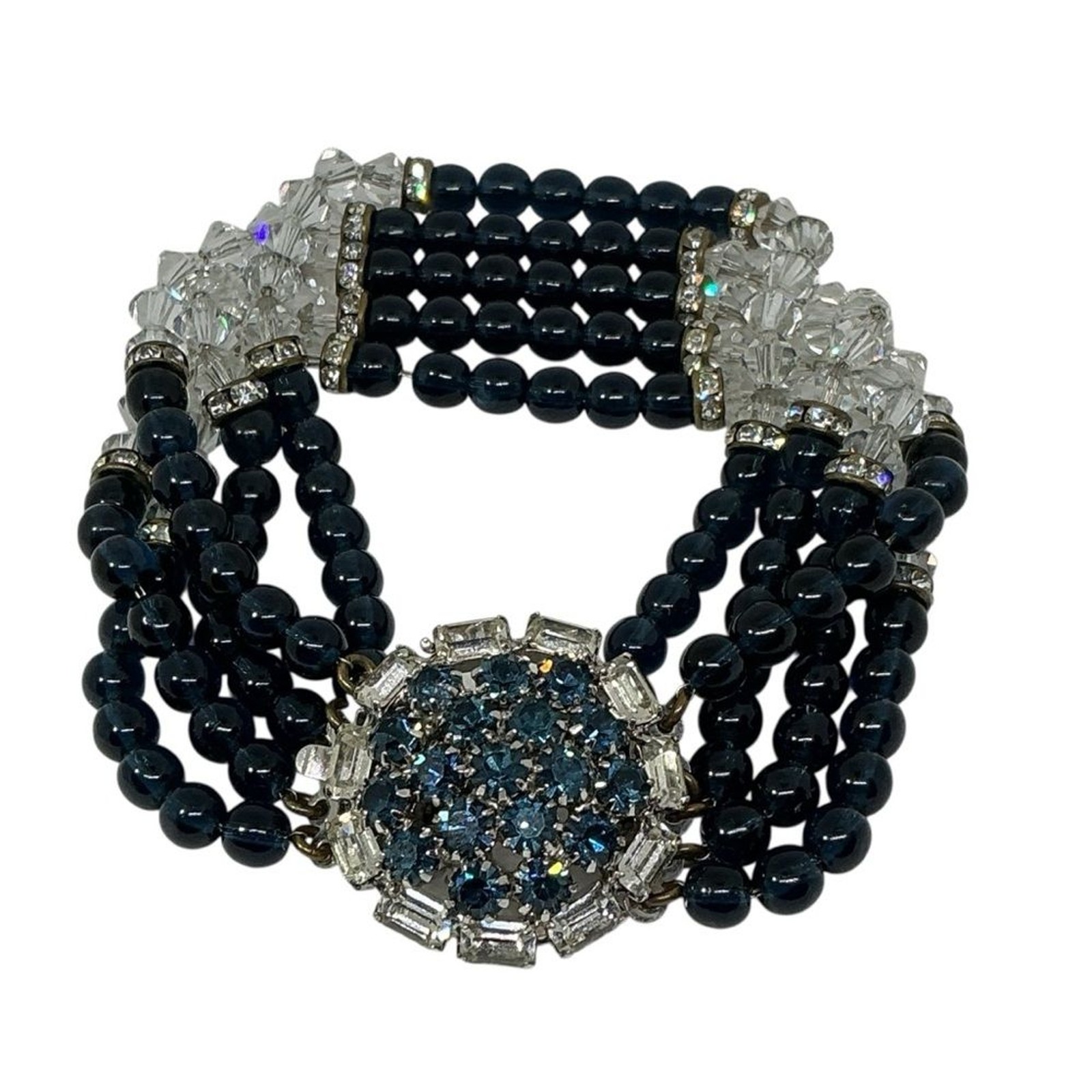 Vintage HOBÉ Multi Strand Bracelet Sapphire Blue & Crystal Bead Rhinestone Clasp