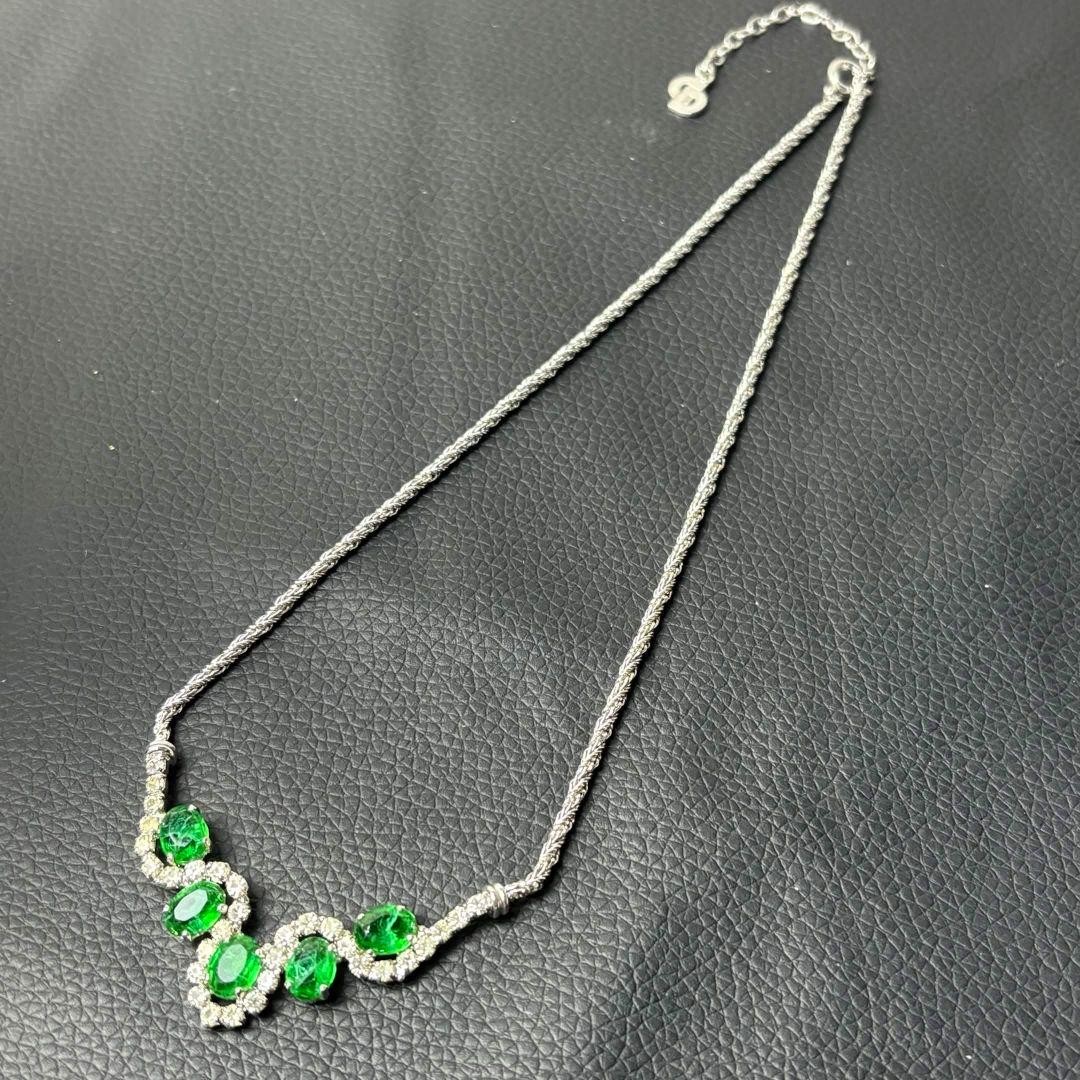 Christian Dior Green Stone Silver Necklace 44cm Vintage