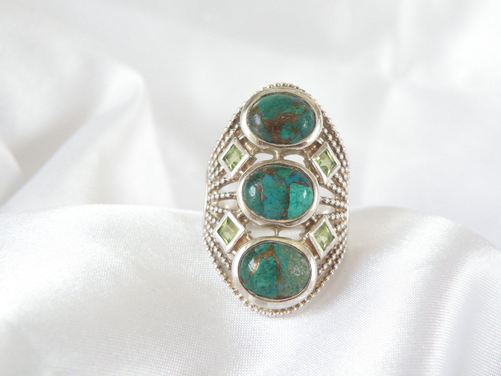 Sterling Silver 925 Large Chrysocola and Peridot Multi Stone Statement Ring 7