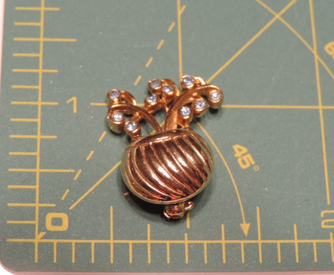 Vintage Potted Plant Flower Cornflower Blue Rhineston Brooch Gold tone Pin 1b 61