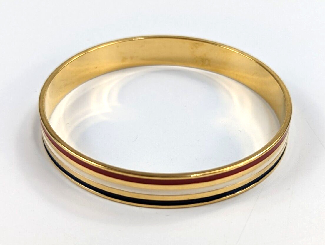 Vintage Polished Gold Tone Red White & Blue Enamel Stripe Bangle Bracelet 2.5″
