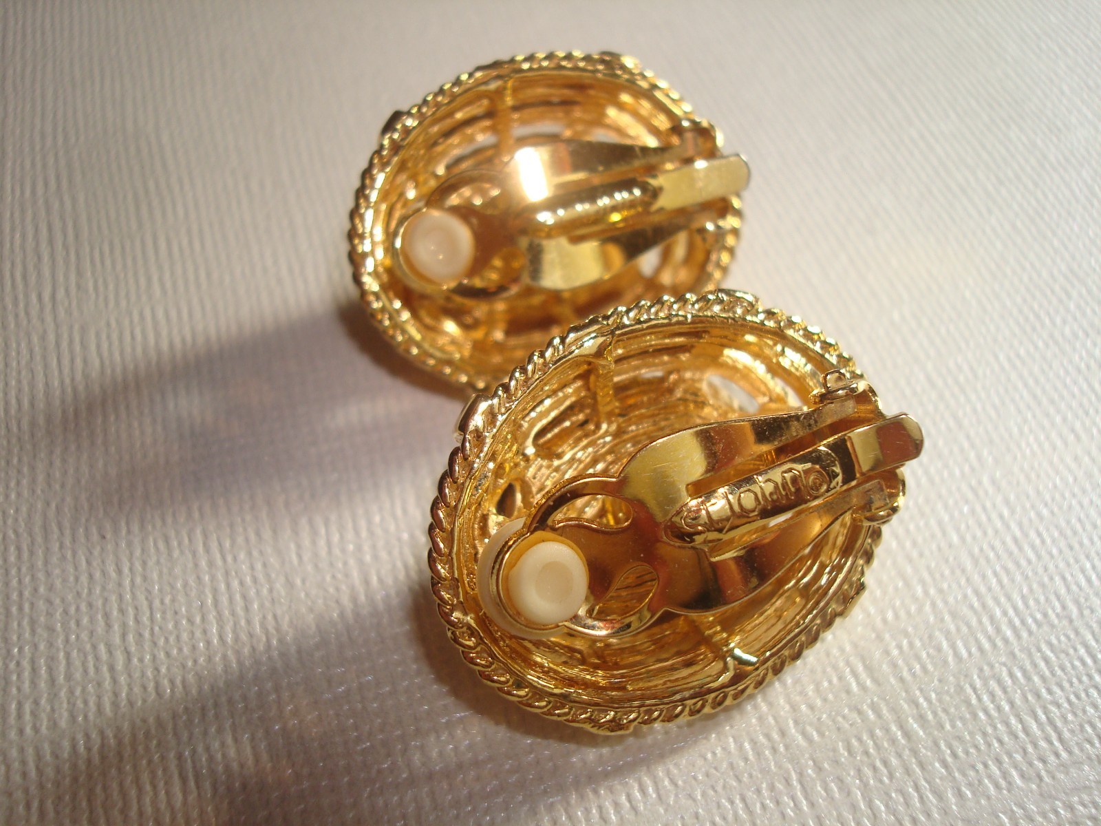 Vtg.St.JOHN LOT (2) EARRINGS OVAL TIGER’s EYE GOLD/T, BLACK ENAMEL RHINESTONES