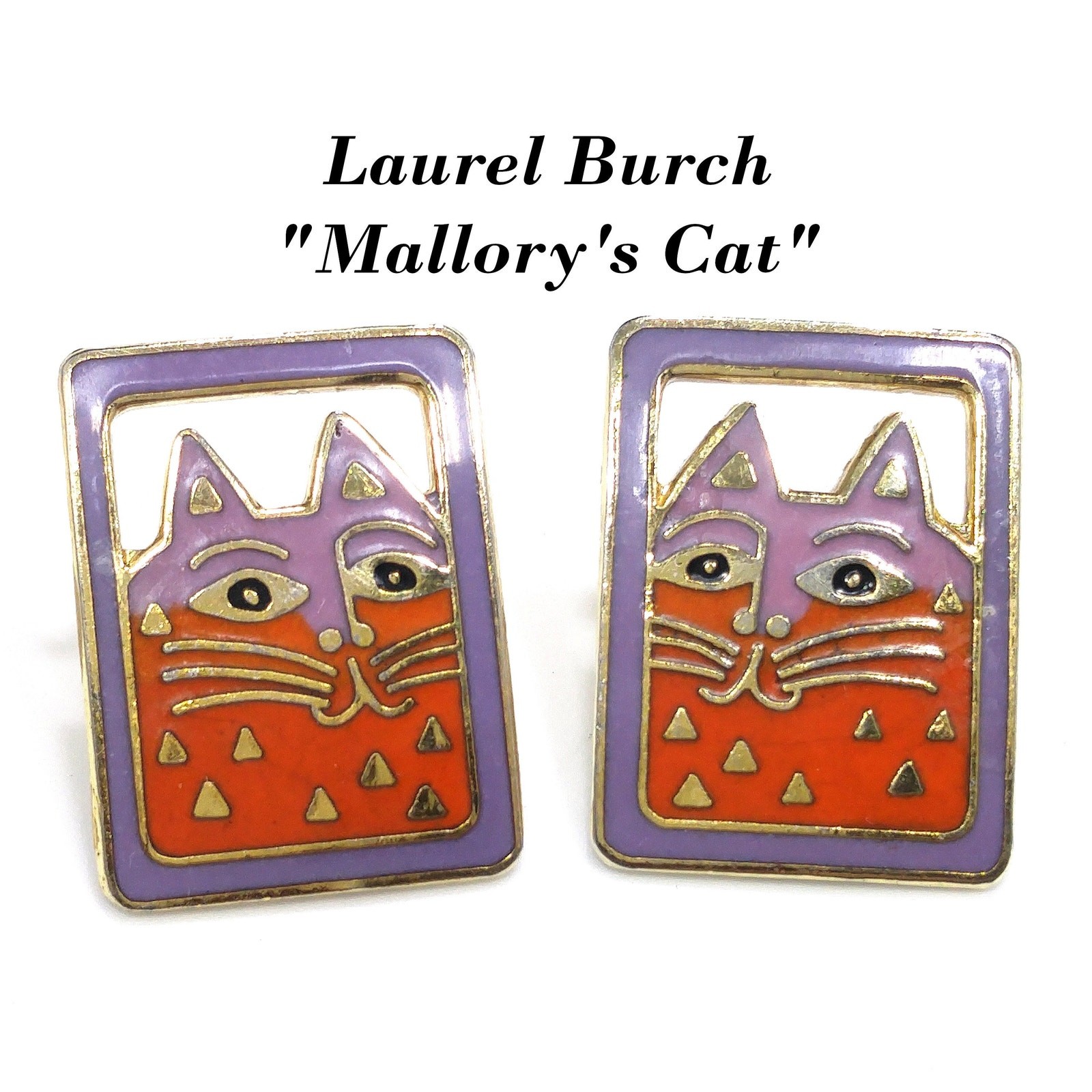 Vintage Laurel Burch “Mallory’s Cat” Post Earrings, Gold Plated, Cloisonne