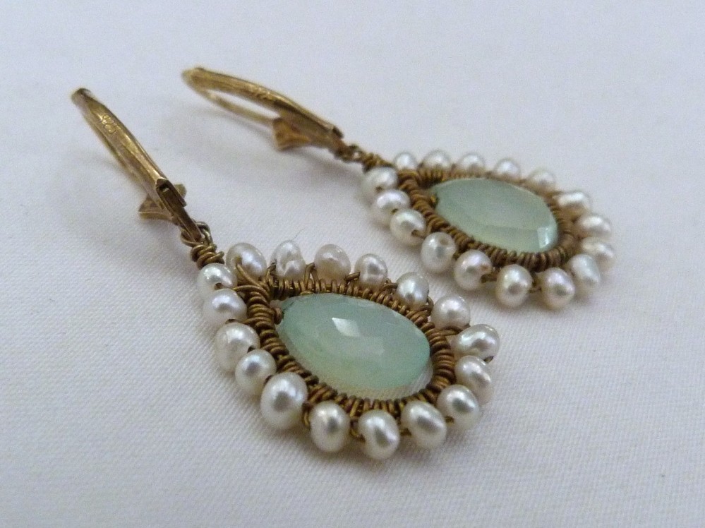 GOLD OVER STERLING SILVER BRIOLETTE AQUA CHALCEDONY FRESHWATER PEARL EARRINGS