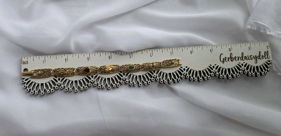 1960s Goldette NY Multi-Stone Gold Tone Bracelet 7.25″ Lattice Links