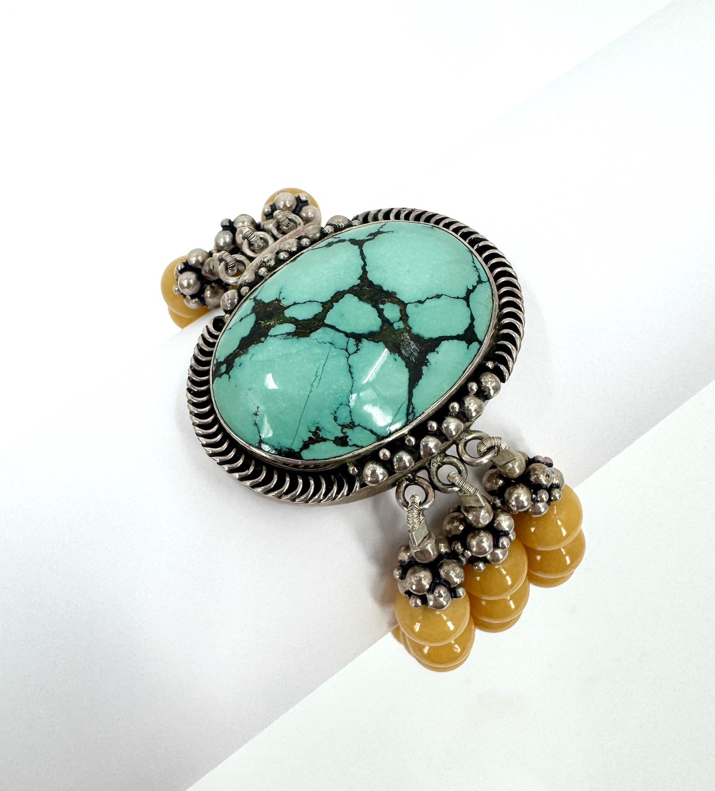 Vintage Turquoise Yellow Jasper And Sterling Silver Statement Bracelet