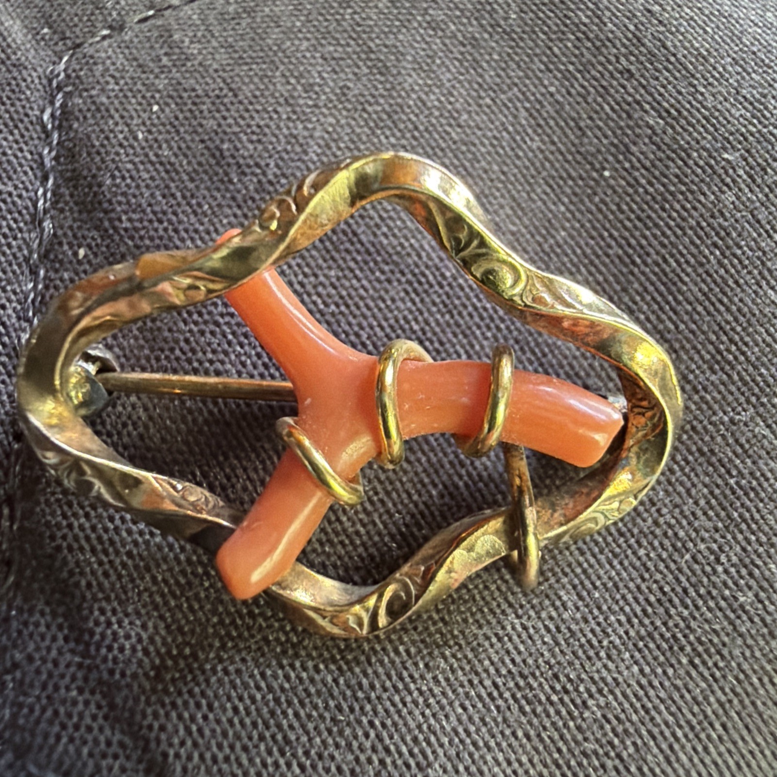 Vintage Rosy Gold Fill Coral Branch Interwoven Scroll Work On Metal