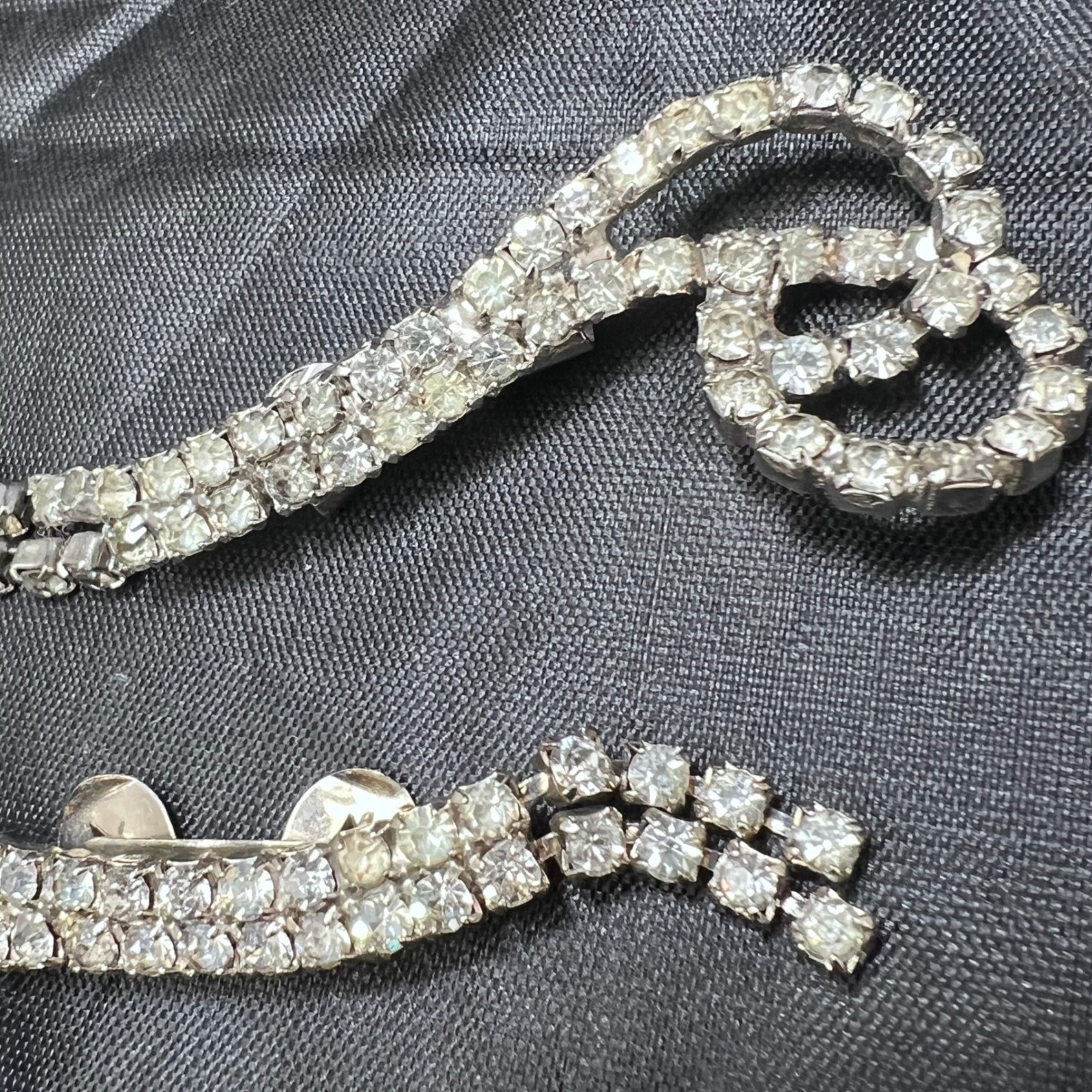 Vintage MUSI Clear Rhinestone Scroll Shoe Clips Silver Tone Pair Mid Century