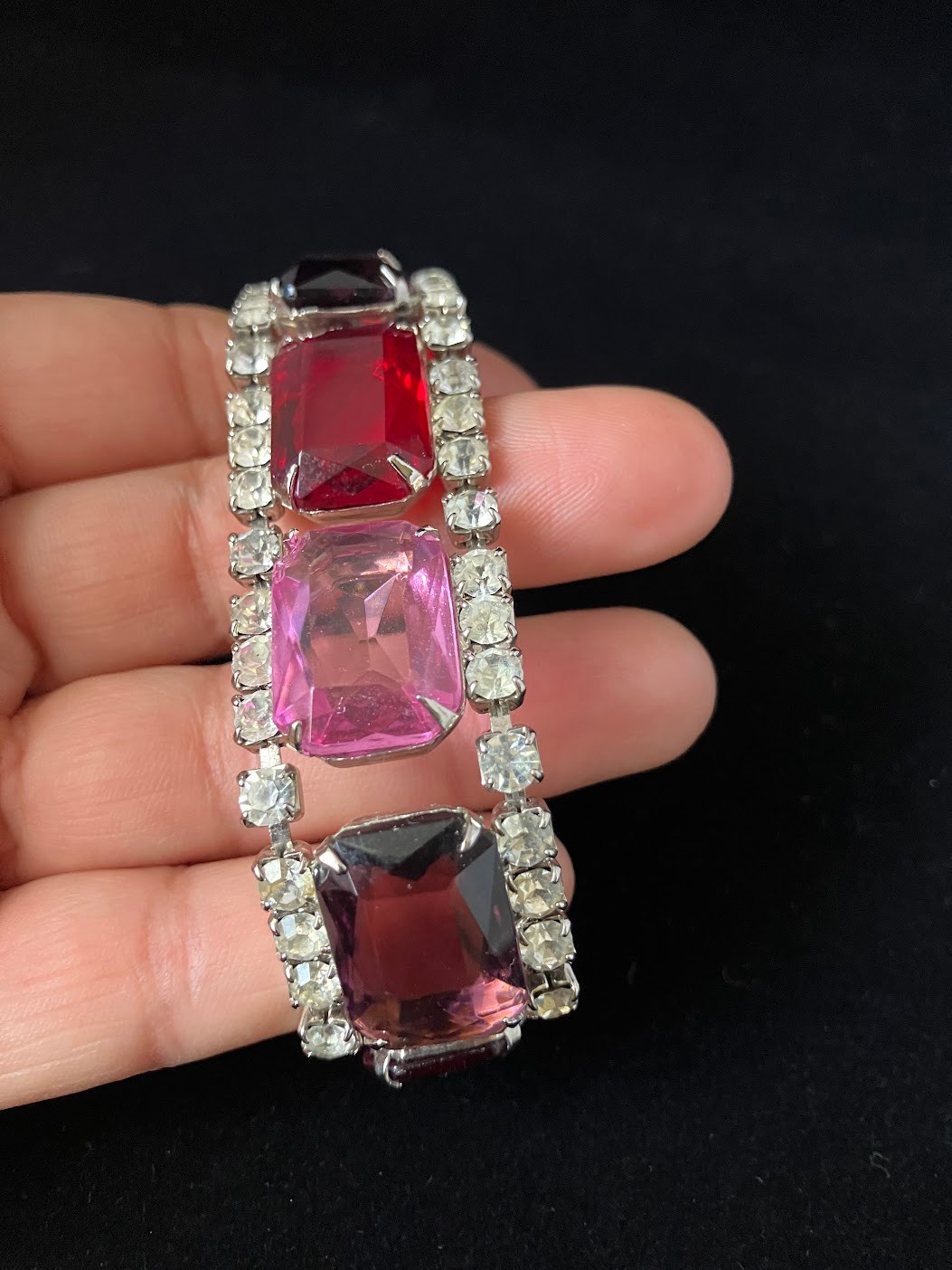 Vintage Rhinestone Panel Bracelet Square Cut Chunky Bling Purple Pink Red Clear
