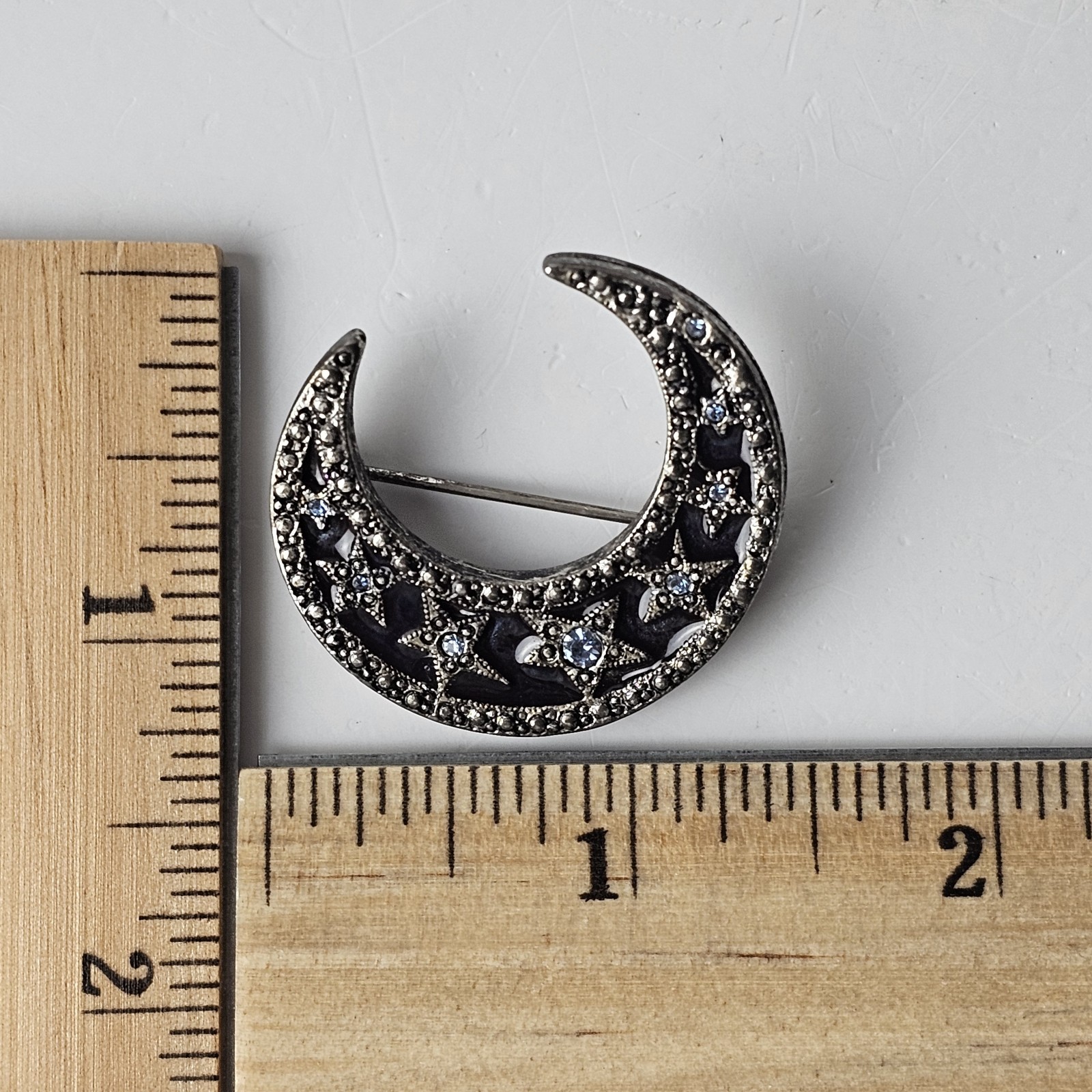 Vintage Silver Tone Rhinestone Enamel Crescent Moon & Star Brooch