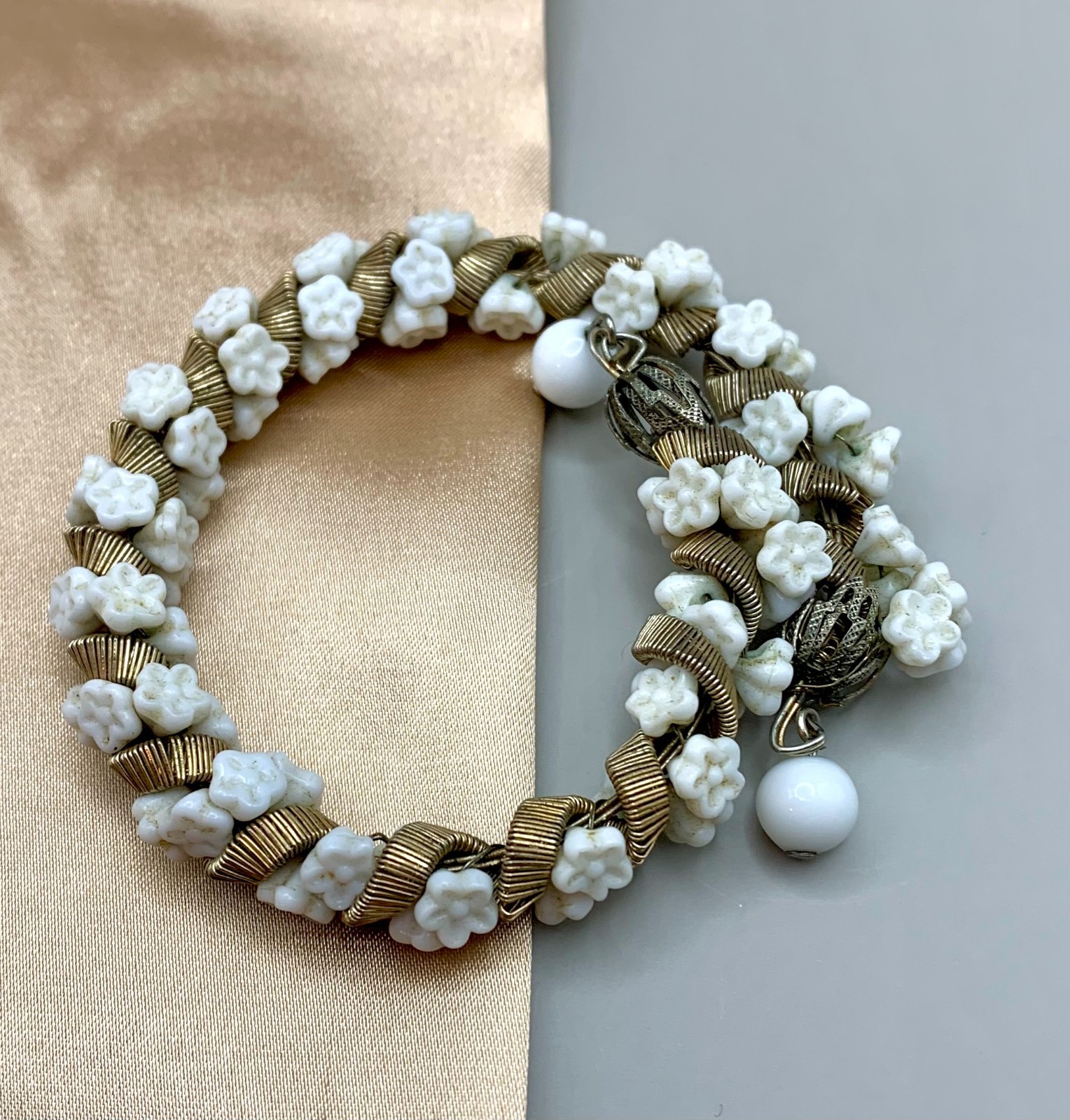 MCM Bracelet White Molded Glass Flower Beads and Gold Tone Ribbon Wrap