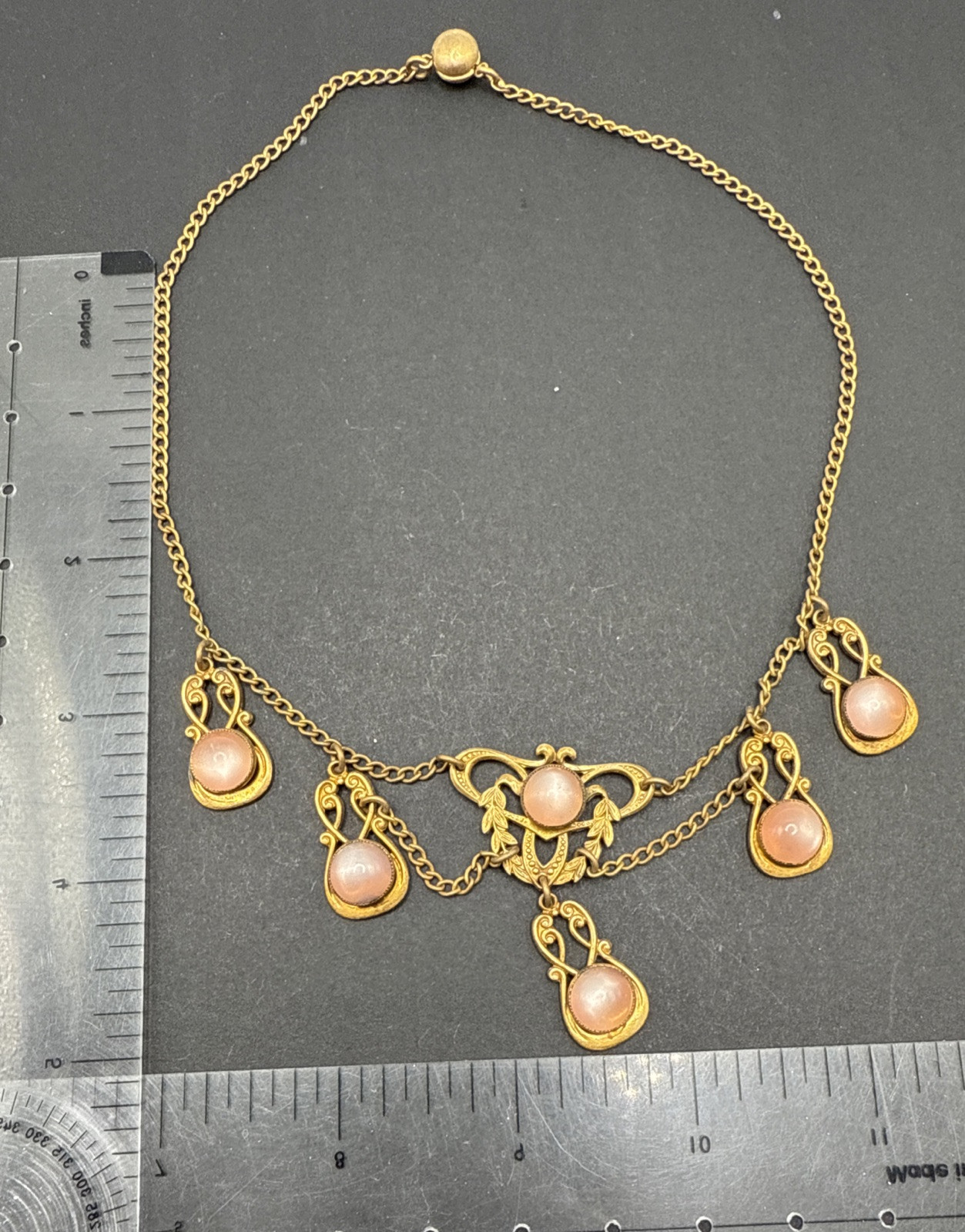 Antique Pink Moonstone Festoon Necklace Gold Tone 14” J114