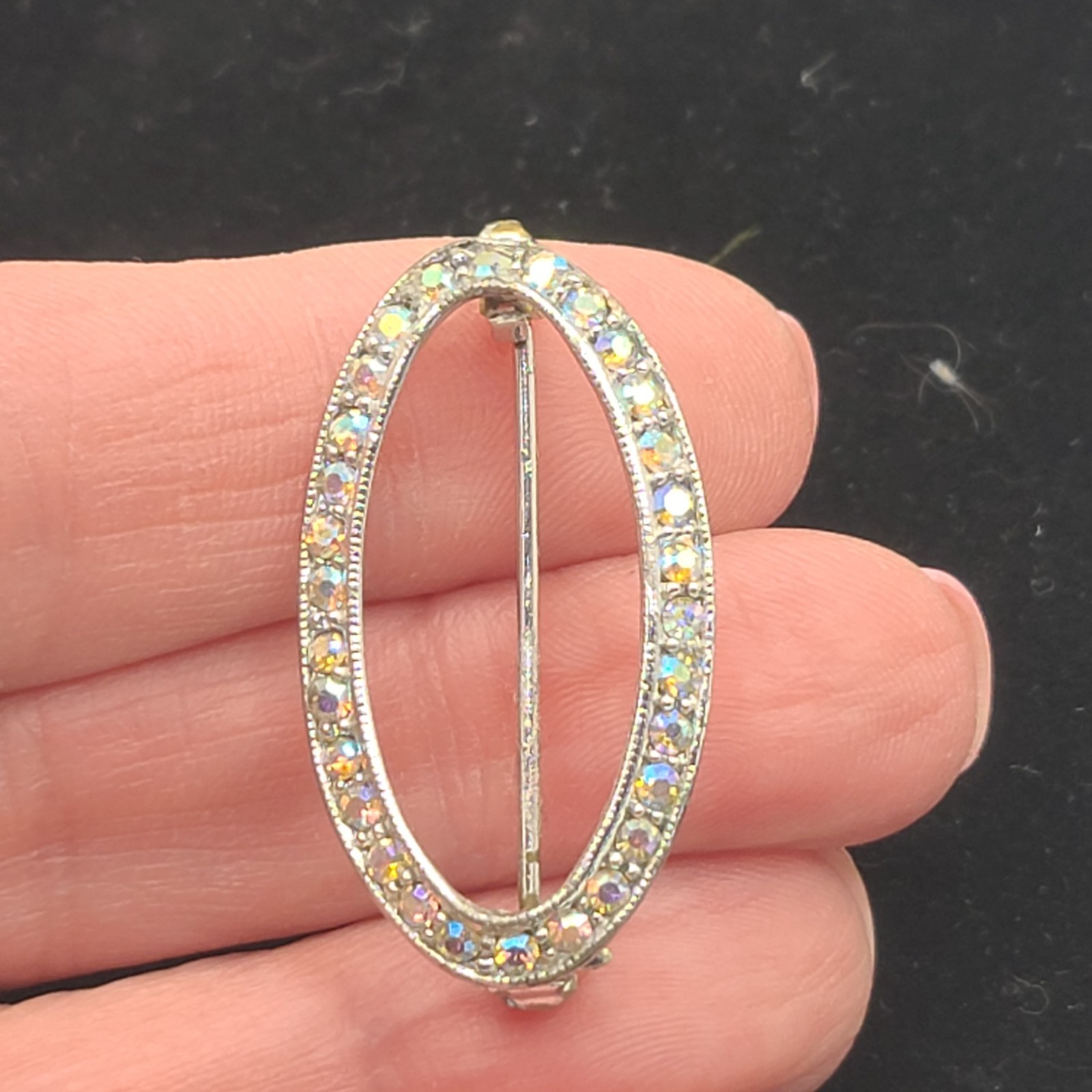 Brooch silvertone oval with AB stones. Vintage