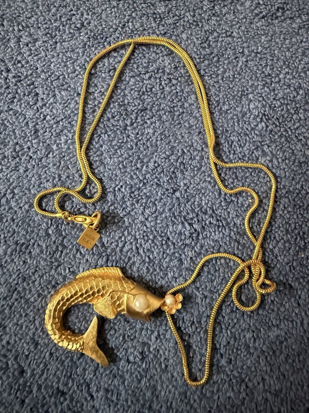 Vintage 1990s Anne Klein Necklace Matte Gold Tone Koi Fish With Pearl Eye & Mout
