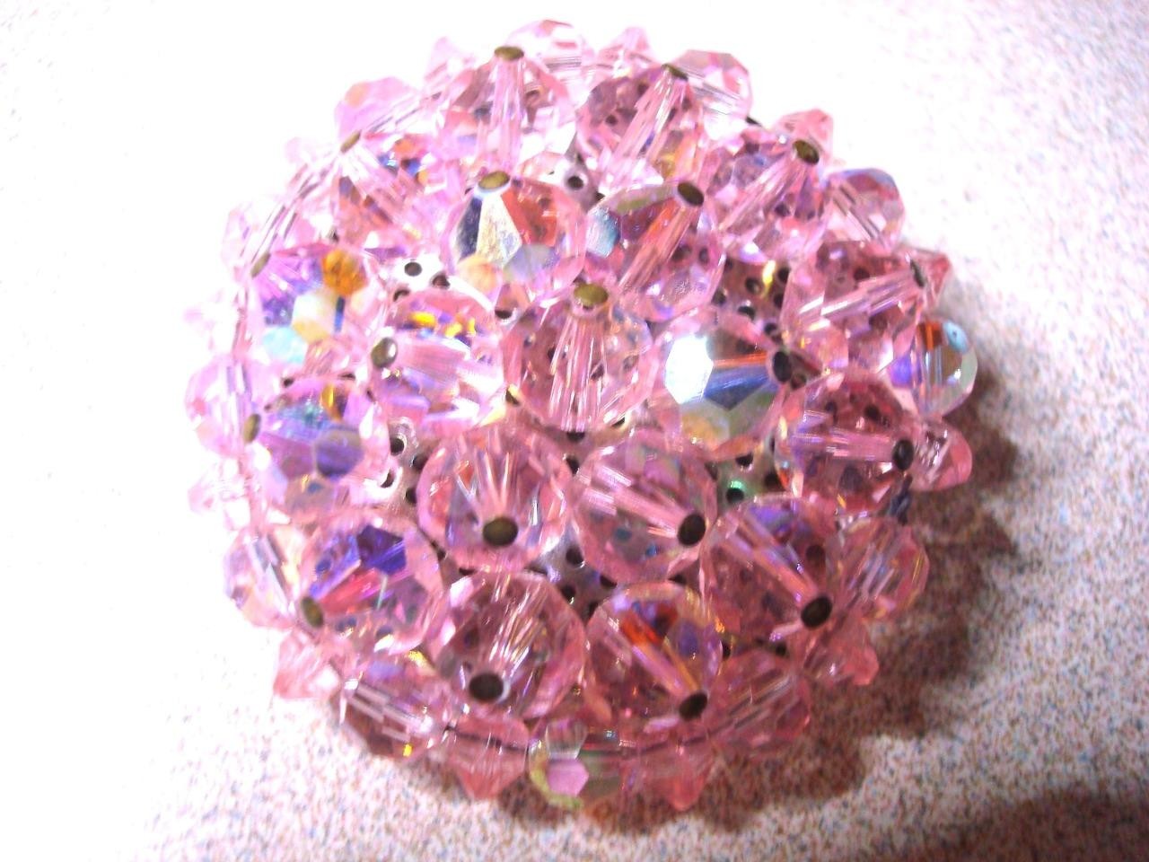 Vintage Beaded Cluster Brooch With Pink Crystal Glass & Plastic Beads KJ